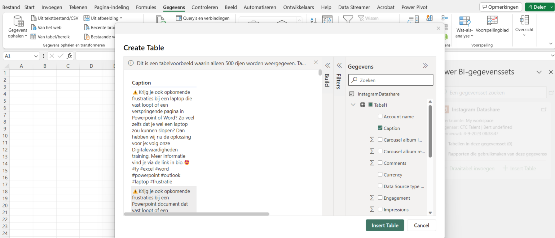 Een aan Power BI gekoppelde tabel maken in Microsoft Excel