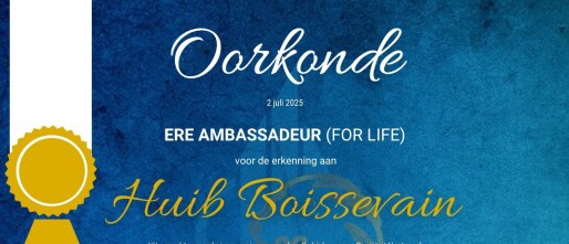 Viering & Waardering – Huib Boissevain benoemd tot Ere‑Ambassadeur for Life bij Sociëteit Vastgoed
