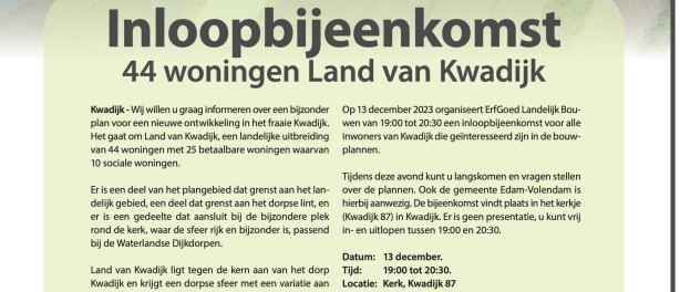 Inloopbijeenkomst 44 woningen Land van Kwadijk