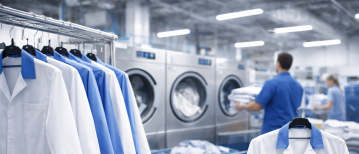 Het wasproces van stofjassen in een industriële wasserij