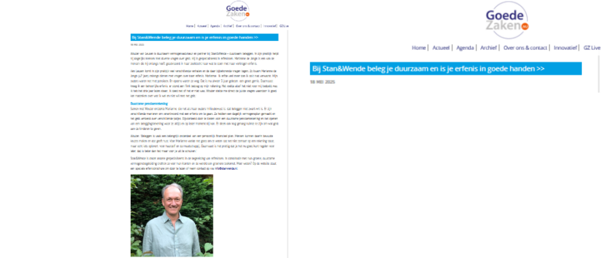 Artikel Goede Zaken Bij Stan&Wende beleg je duurzaam en is je erfenis in goede handen