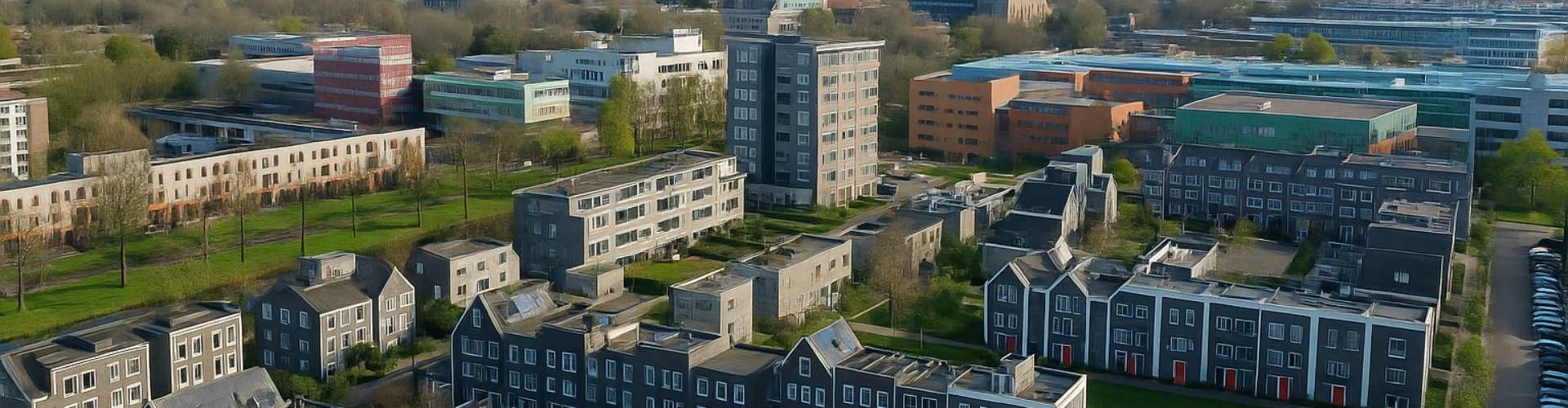 Luchtfoto van Holtenbroek in Zwolle vanuit Muziekwijk met woningen, flats en groen.