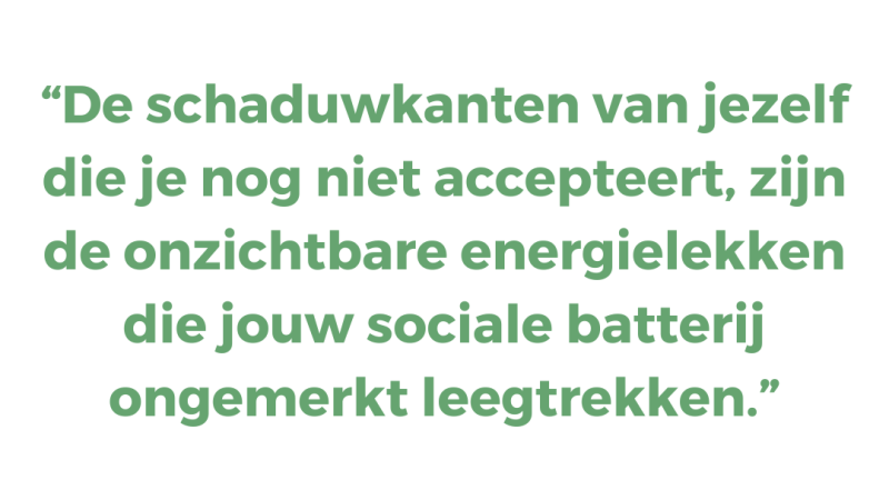 De schaduwkanten van jezelf die je nog niet accepteert, zijn de onzichtbare energielekken die jouw sociale batterij ongemerkt leegtrekken