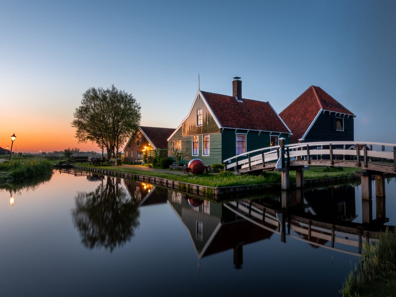 Zaanse Schans bij zonsondergang