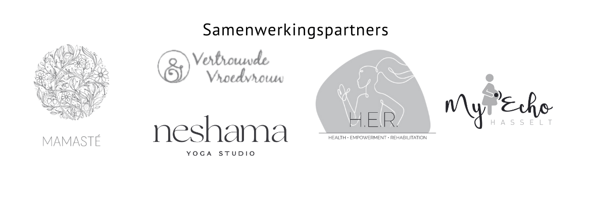 Logos van samenwerkingspartners waaronder 'MAMASTÉ', 'Vertrouwde Vroedvrouw', 'neshama YOGA STUDIO', 'H.E.R. Health Empowerment Rejuvenation' en 'My Echo Hasselt'.