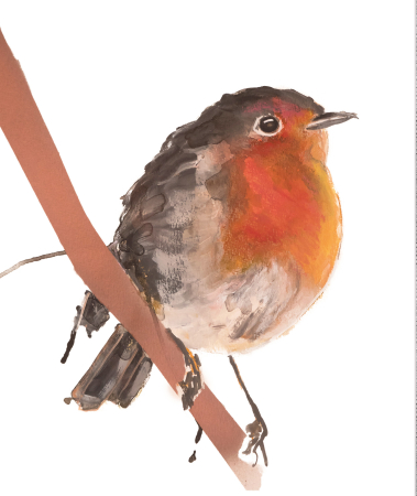 Roodborstje in mixed media beschikbaar als kaarten en kunst prints