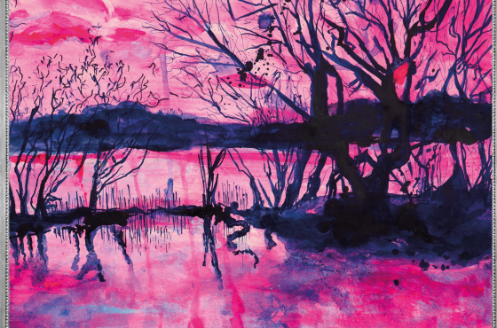 roze landschap acryl en inkt