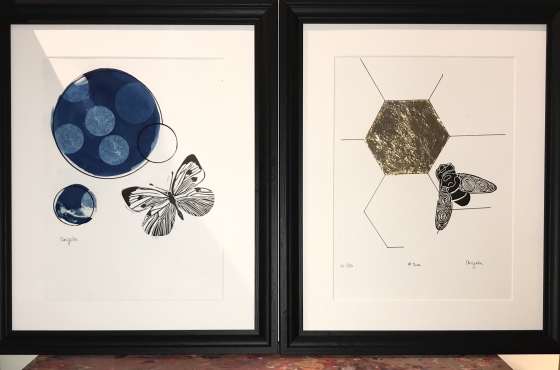 lino stempel en cyanotype Angela Peters