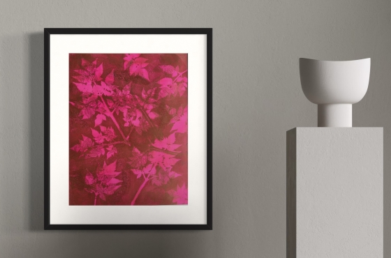 Roze en koper planten in acrylverf monoprint