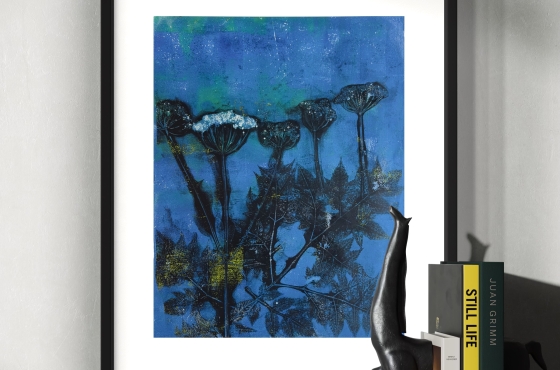Metallic blauw plant afruk monoprint planten
