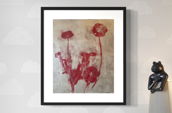Klaprozen in rood en zilver monoprint