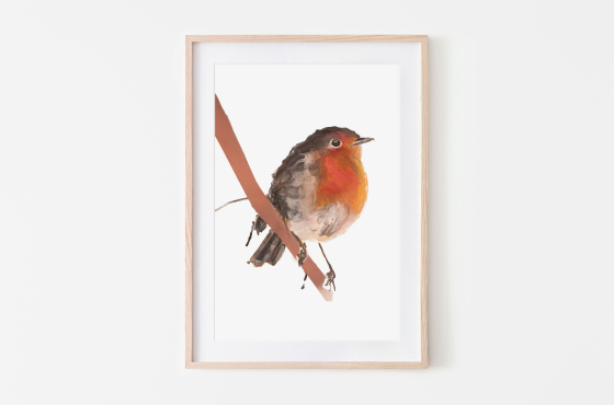 Roodborstje illustratieprint in houten lijst gemaakt door Angela Peters