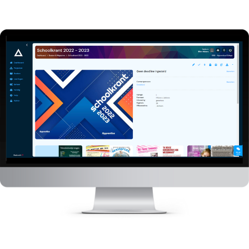 Weergave van de online ontwerpeditor voor de schoolkrant op een Mac-scherm.