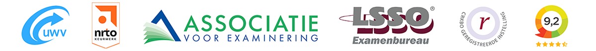 Logos partners keurmerken en examenbureaus Logos van UWV NRTO Associatie CRKBO Klantenvertellen rating 9