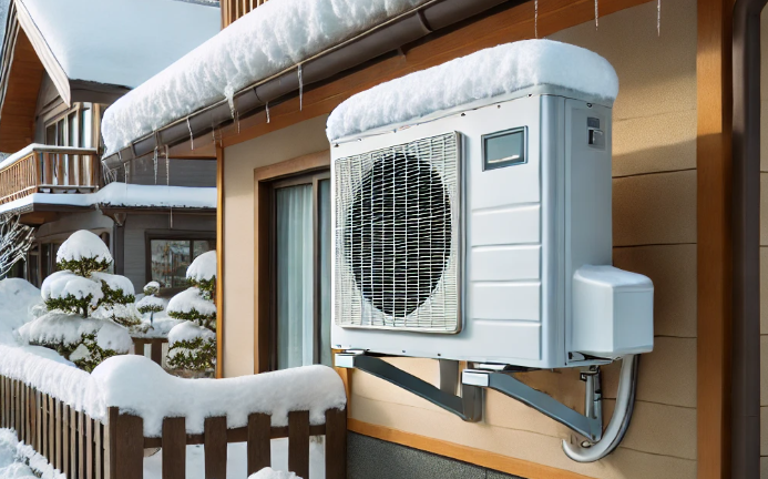 airco unit die buiten in de sneeuw staat