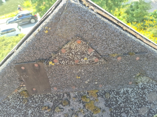 Nok van een bitumen dak met zichtbare mos- en algengroei en oude bevestigingen — verhoogd risico op dakschade en lekkage bij verouderde dakbedekking.