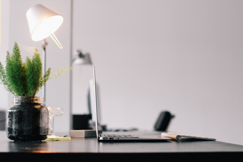 A home office with a desk, design desk lamp, and living things, reflecting the importance of sincerity in interior design.