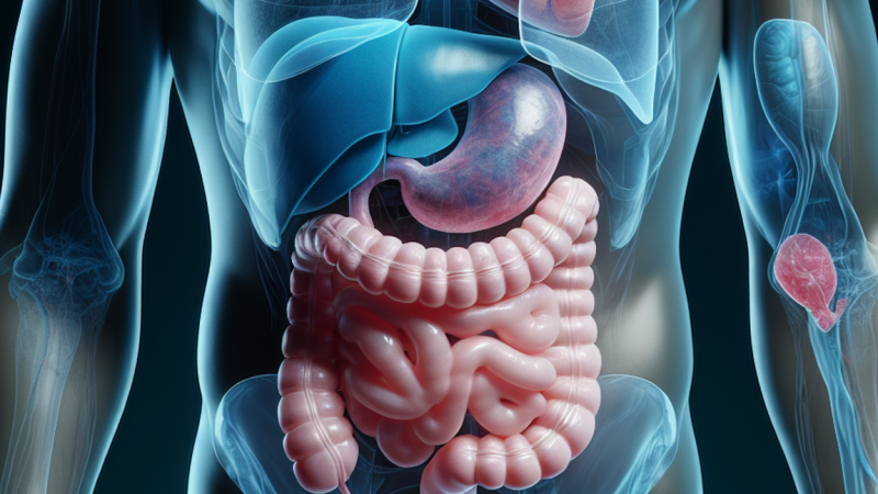 afbeelding anatomie buik waar je ziet dat je dikke dram in een bocht onderje lever doorloopt