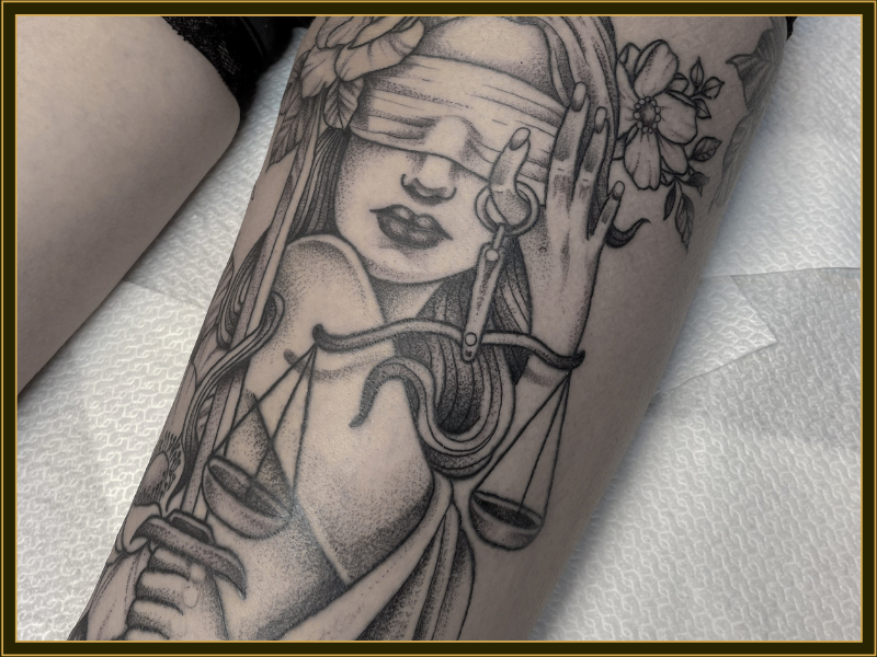 geblindoekte vrouw tattoo justice