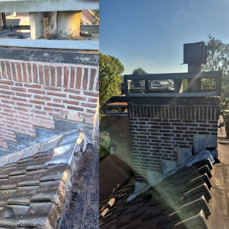 Onderhoud aan het loodwerk van de schoorsteen (before/after foto)