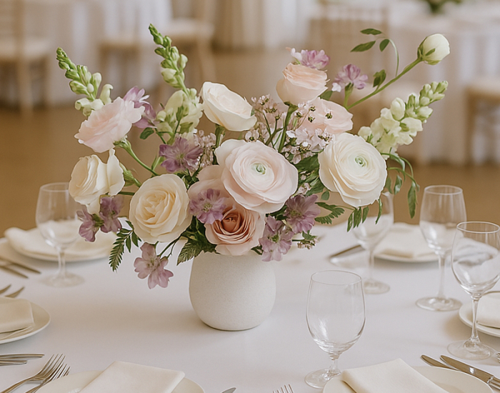 table flowers blush pink