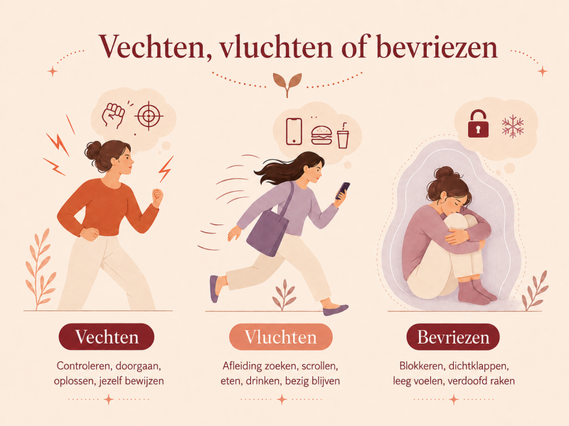 Grafische uitleg van vechten, vluchten en bevriezen als stressreacties van het zenuwstelsel bij spanning, overprikkeling en oude patronen.