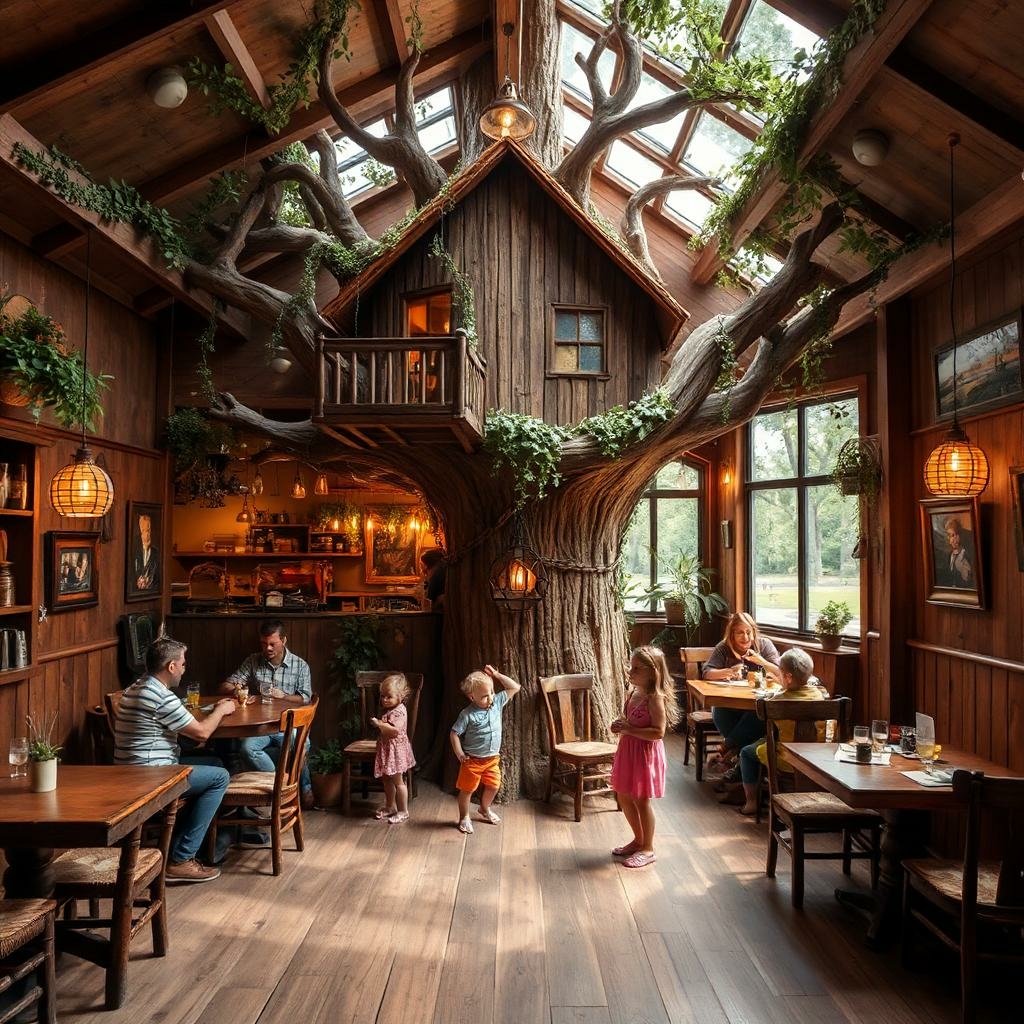 Een boomhut met kinderen en volwassenen
