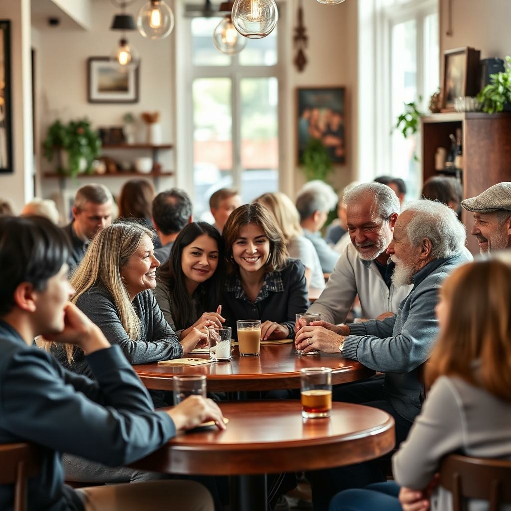 Jong en oud zitten samen aan een tafel en lachen