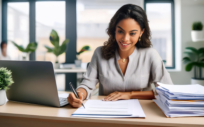 Vrouw tekent contract aan bureau