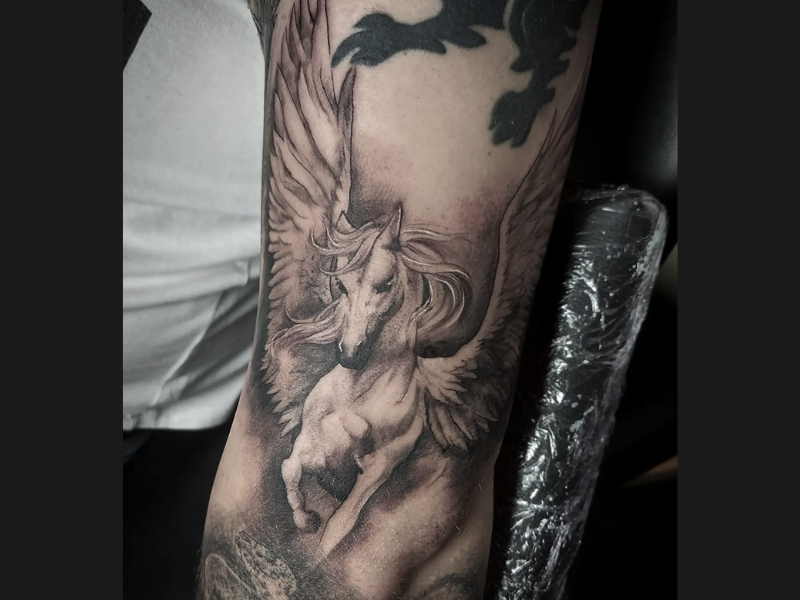Realisme black and grey tattoo van pegasus