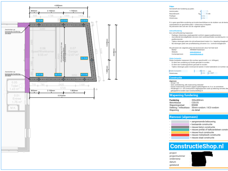 Tekening fundering aanbouw op palen