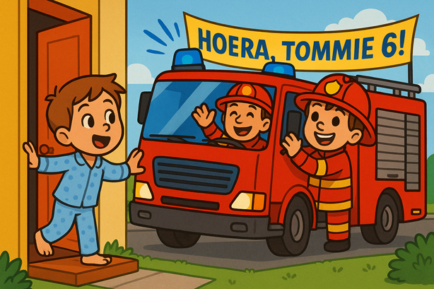 Levensgrote brandweerauto stopt voor de deur met sirenes en “Hoera, Tommie 6!”‑banner: start van een spectaculair brandweerkinderfeestje