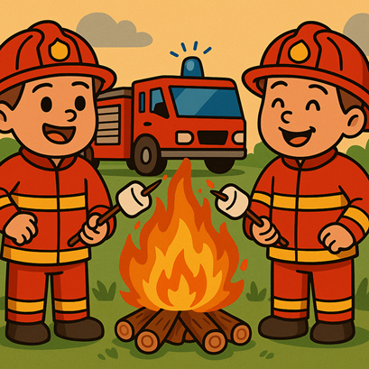 Gezellige pauze: twee kleine brandweermannen roosteren marshmallows naast hun rode brandweerauto – smakelijk hoogtepunt van het feestje
