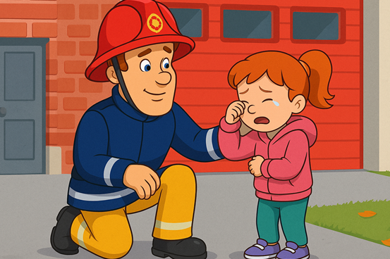 Ontroerende illustratie van Brandweerman Sam die Nora geruststelt voor de kazerne nadat haar teddybeer is kwijtgeraakt. Perfect voor peuters & kleuters.