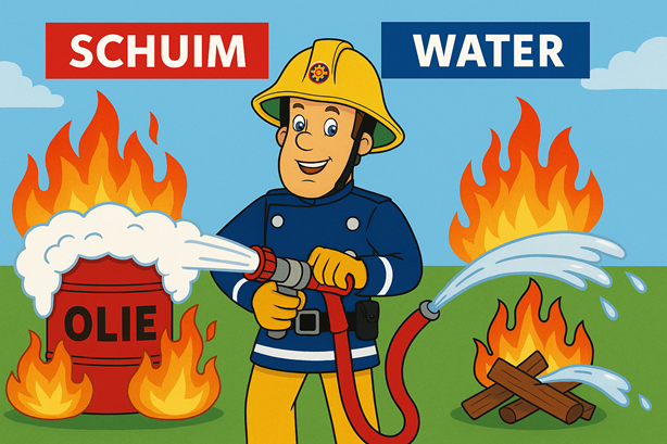 Cartoonillustratie: Sam spuit schuim op olievat‑brand en water op hout‑vuur, labels “Schuim” en “Water” bovenaan