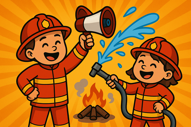 Beleef een vrolijk moment met jonge brandweerlieden die samen een kampvuur blussen. Perfect voor een kinderfeestje vol avontuur, lachen en teamwork