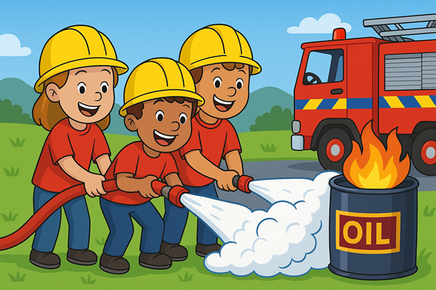 Drie kinderen in gele helmen spuiten schuim op een brandend olievat tijdens een brandweerfeest