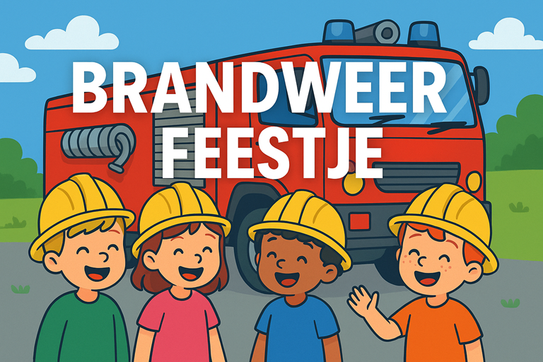 Vier lachende kinderen met gele brandweerhelmen poseren voor een rode brandweerwagen bij zonnig weer