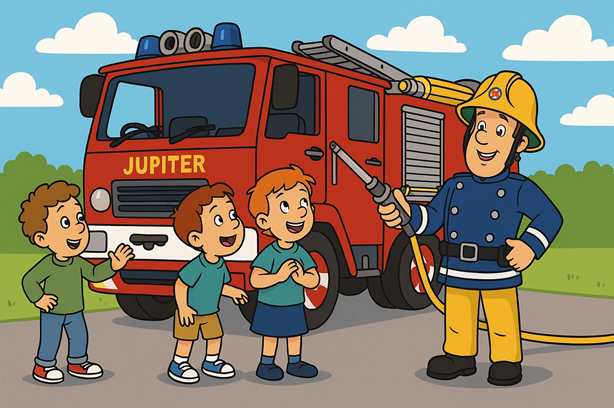 Drie kinderen bewonderen Jupiter terwijl Sam lachend de brandslang toont