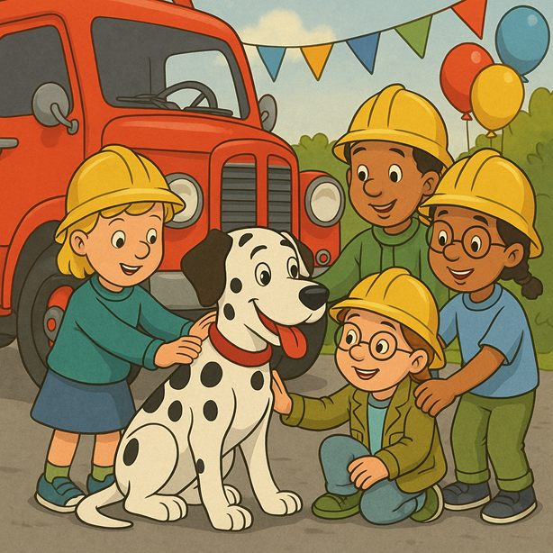 Vier kinderen in gele brandweerhelmen aaien Radar naast een klassieke brandweerauto tijdens een kinderfeestje