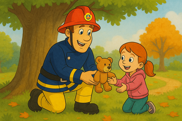 Hartverwarmende scène waarin Sam Teddy overhandigt aan een dolgelukkige Nora onder een grote eik. Eind goed, al goed!