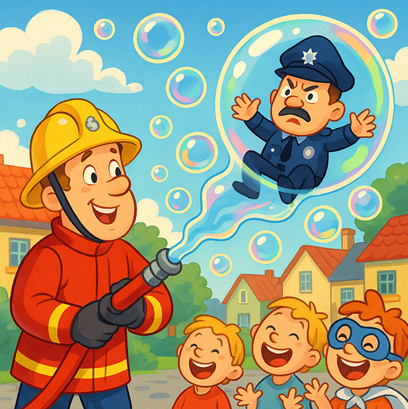In een vrolijk dorpsplein spuit Brandweerman Sam kleurrijke zeepbellen uit zijn brandslang; een verbaasde politieagent zweeft gevangen in een bubbel en kinderen gieren van het lachen.