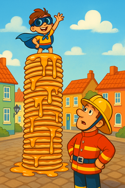 Brandweerman Sam staat verbaasd onder een metershoge pannenkoekentoren vol druipende siroop terwijl Super Charlie bovenop enthousiast naar kinderen zwaait. Boek jouw brandweer-kinderfeestje!