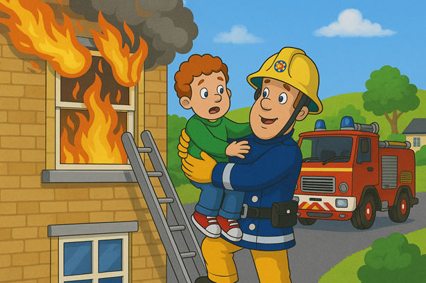 Sam draagt een jongen uit een brandend huis, Jupiter staat gereed op de achtergrond