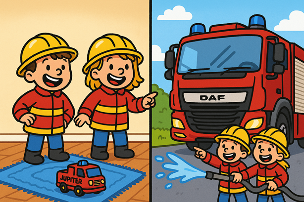 Speelse illustratie waarin kinderen het mini‑brandweerwagentje Jupiter vergelijken met onze imposante DAF‑brandweerwagen