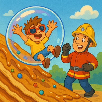 Super Charlie glijdt juichend van een siroopglijbaan in een beschermende zeepbel, gered door Brandweerman Sam; speelse kleuren en heldhaftige humor perfect voor kinderblogs.