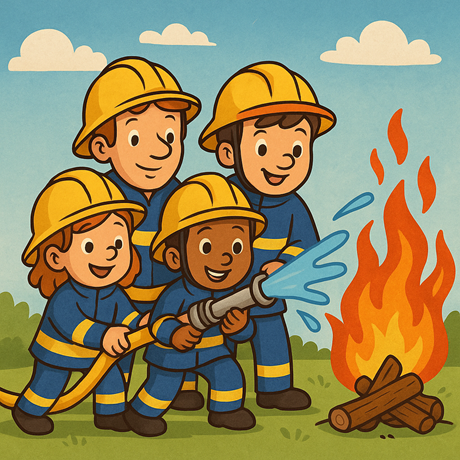 teamwork – kids blussen vuur met brandslang