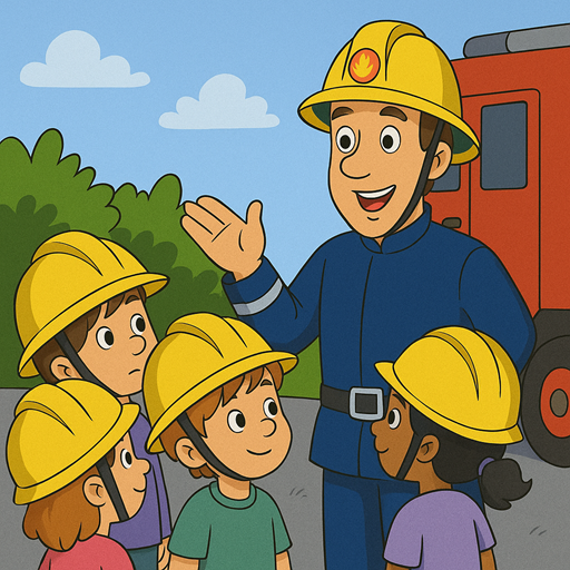 Cartoonafbeelding van Brandweerman Theo die vier jonge brandweerkadetten het belang van teamwork uitlegt, met een rode brandweerauto op de achtergrond