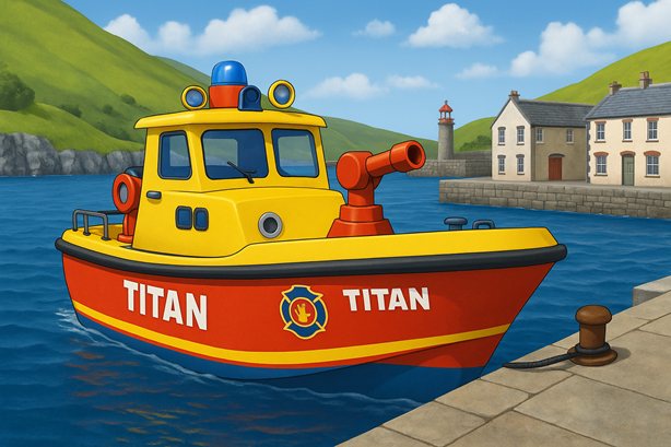 Cartoonafbeelding van reddingsboot Titan aangemeerd in de haven, met blauwe zee, heuvels en vuurtoren op de achtergrond