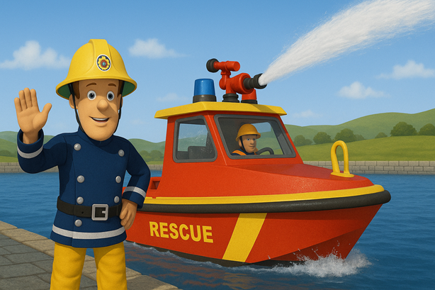 Fireboat Titan spuugt een krachtige waterstraal terwijl Sam toekijkt op de kade